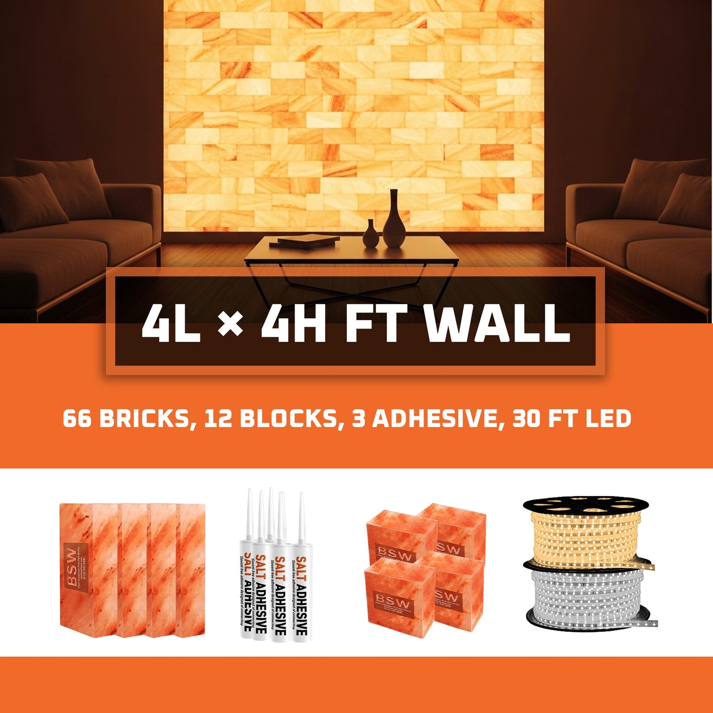 Himalayan Salt Bricks Wall Pack (4L × 4H =16sq.ft Backlit Featured Wall) -Where Glow Meets Wellness