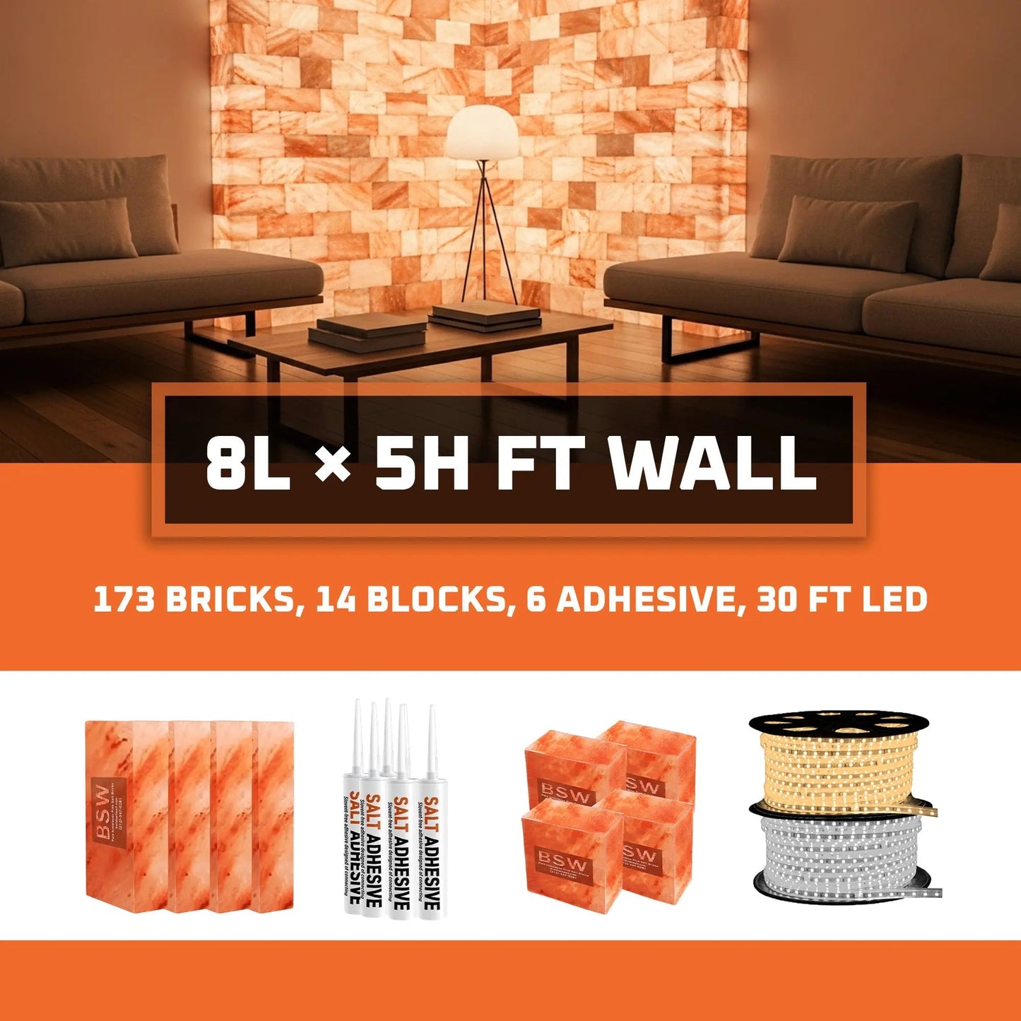 Salt Panel Wall Kit – 8L x 5H, 40 Sq.Ft Backlit Himalayan Salt Wall