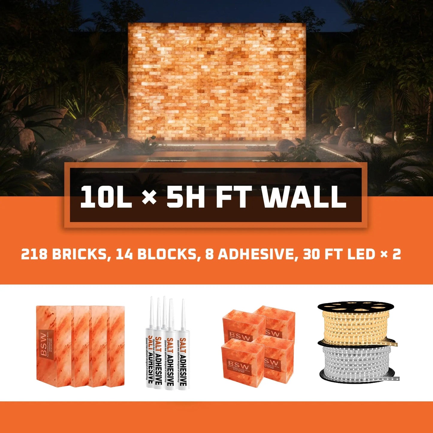Backlit Salt Wall Panels Himalayan Salt Bricks Wall Pack (10L × 5H = 50 sq.ft) - Where Glow Meets Wellness