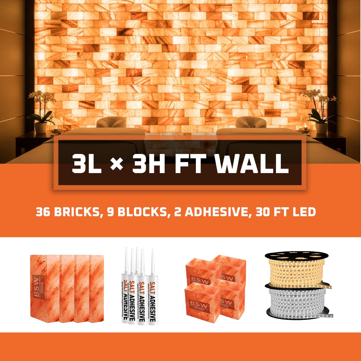 Himalayan Salt Bricks Wall Pack (3L × 3H=9sq.ft Backlit Featured Wall) -Where Glow Meets Wellness