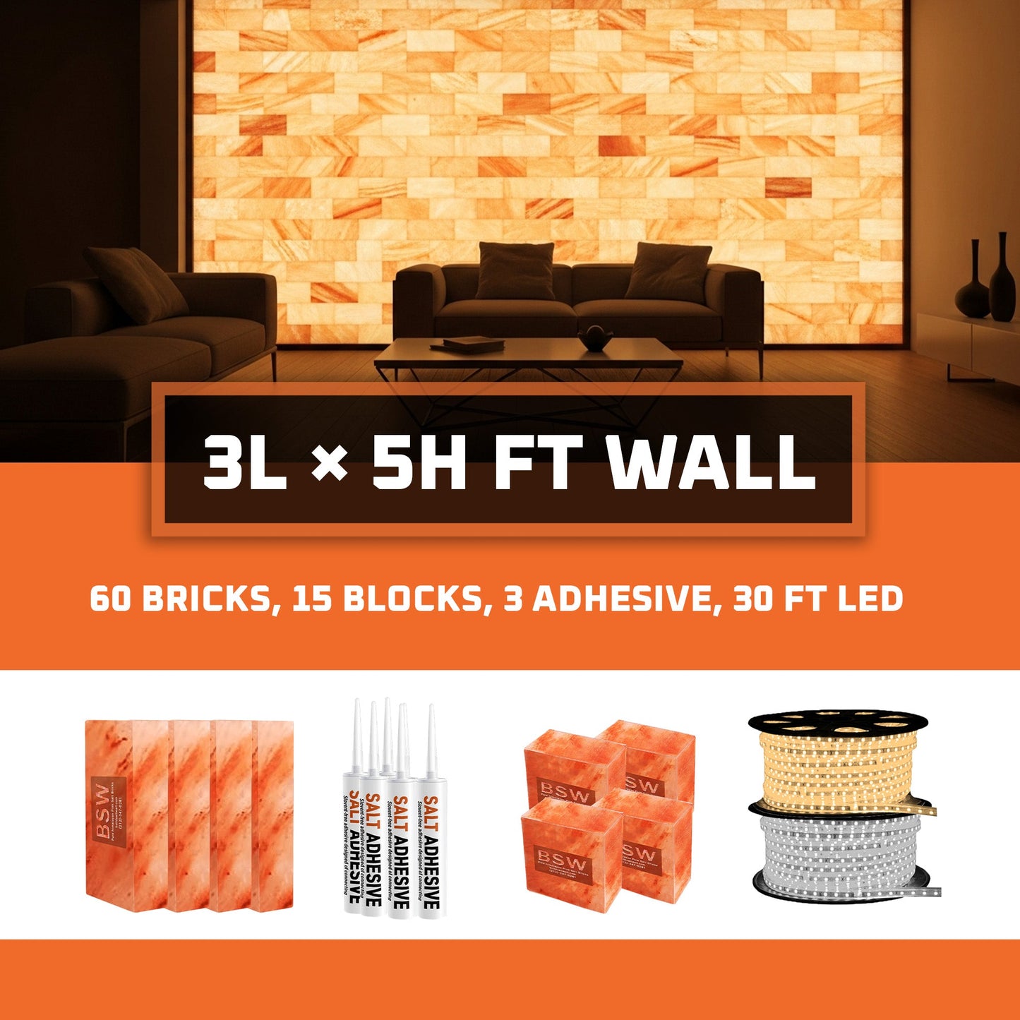 Himalayan Salt Bricks Wall Kit (3L× 5H =15sq.ft Backlit Featured Wall) -Where Glow Meets Wellness