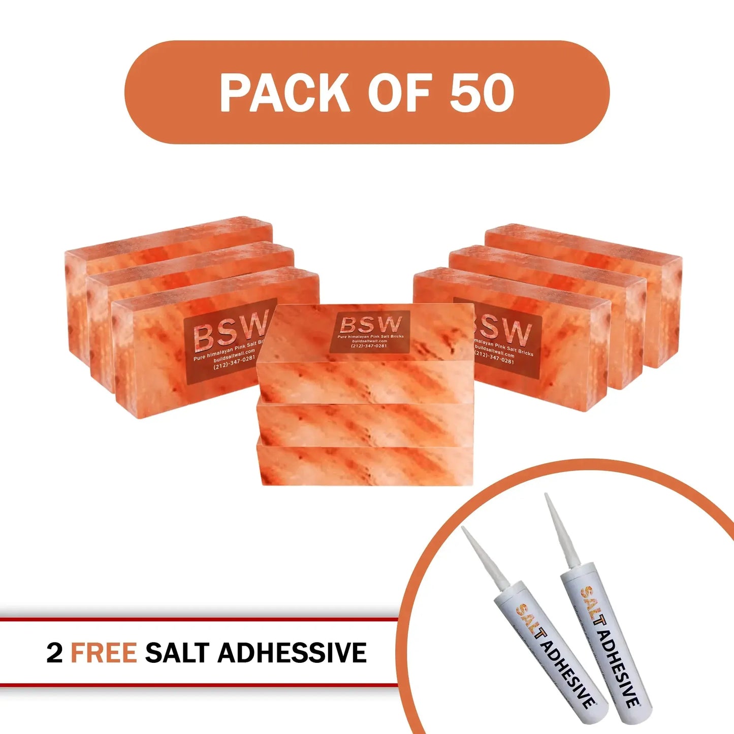Himalayan Salt Bricks 8" x 4" x 2" Pack of 50 With 2 Salt Adhesive