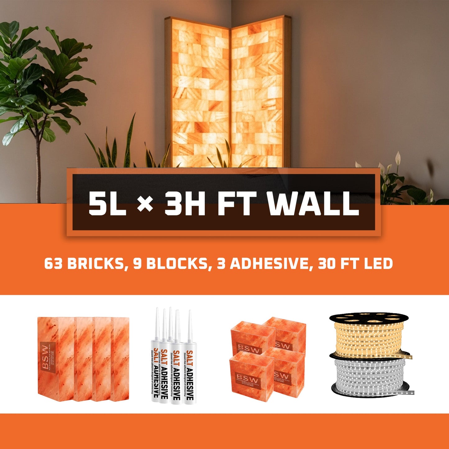 Himalayan Salt Bricks Wall Pack  (5L × 3H =15sq.ft Backlit Featured Wall) -Where Glow Meets Wellness
