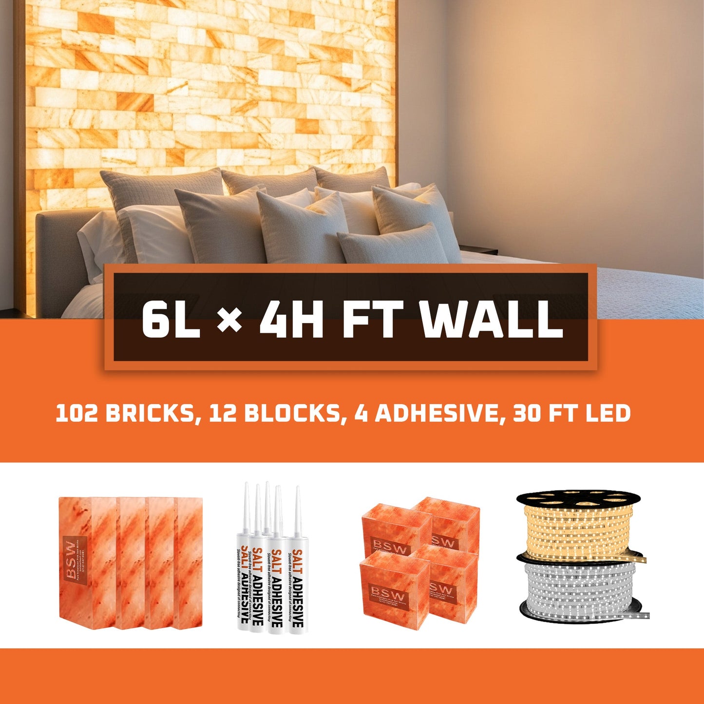 Himalayan Salt Bricks Wall Pack (6ft × 4ft = 24 sq.ft Backlit Feature Wall) - Wellness Wall Decor with Glow