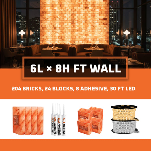 Salt Wall Panel Pack (6L × 8H = 48 sq.ft Backlit Featured Wall) - Himalayan Salt Wall Panel Kit with LED Glow