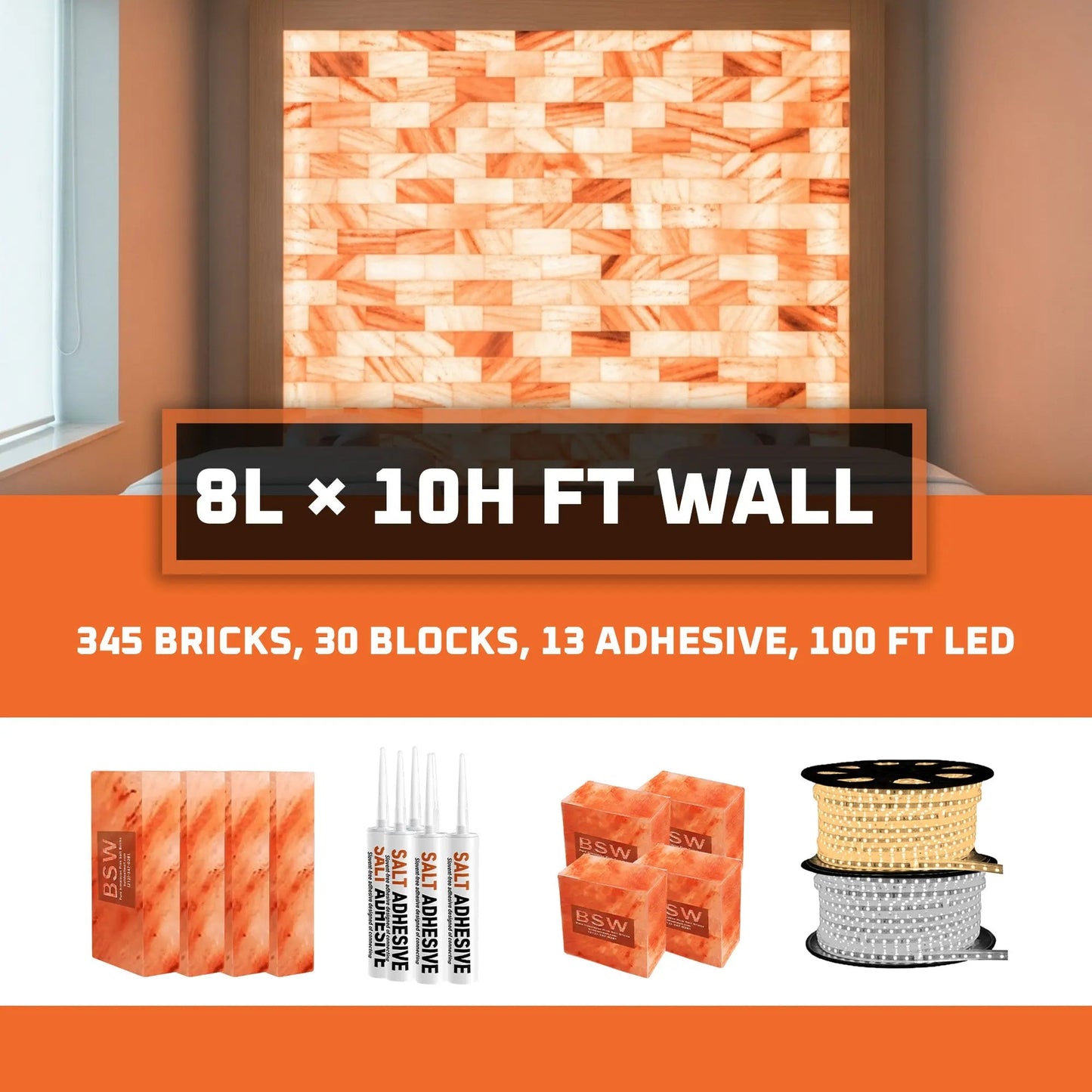 Salt Wall Panel Kit - Himalayan Salt Bricks Wall Pack (8L × 10H = 40 sq.ft Backlit Feature Wall) - Where Glow Meets Wellness
