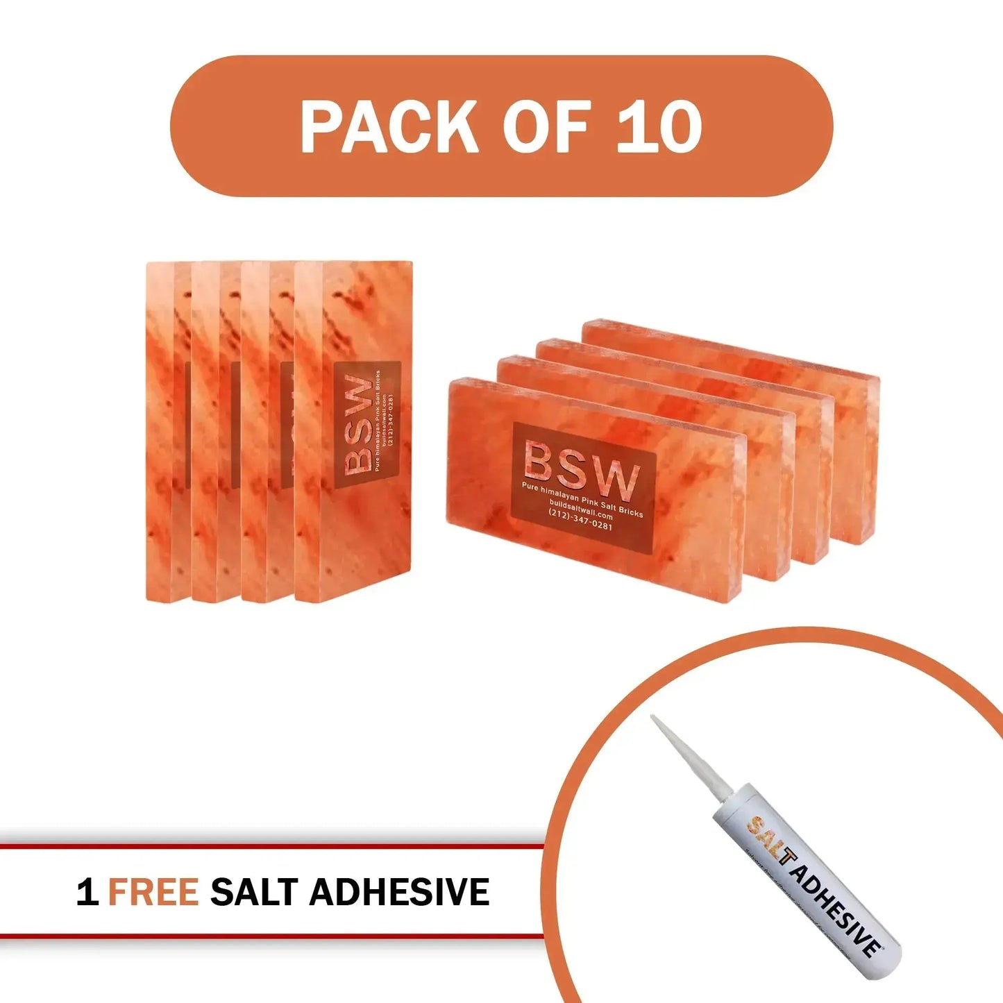 Himalayan Pink Salt Tiles 8" x 4" x 1" – Pack of 10 With Salt Adhesive