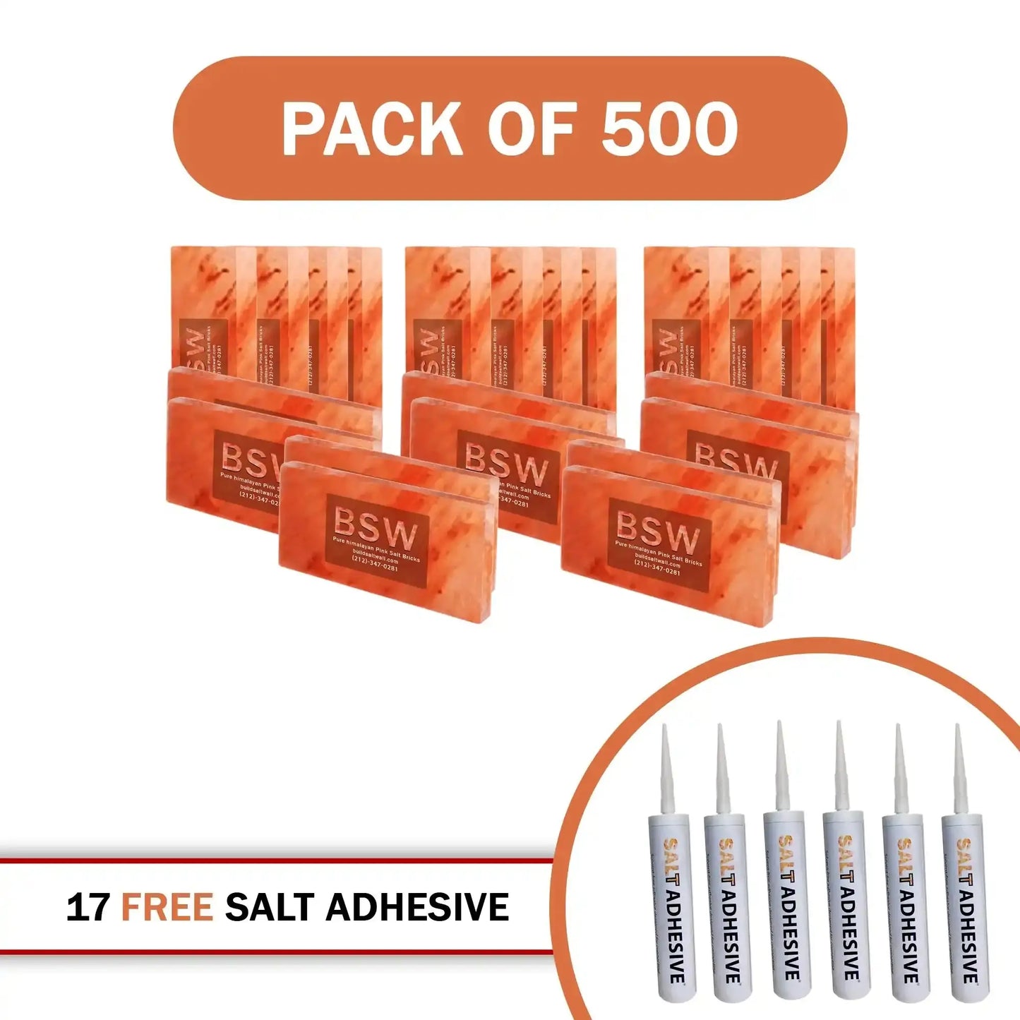 Himalayan Pink Salt Tiles 8" x 4" x 1"- Pack of 500 With 17 Salt Adhesive