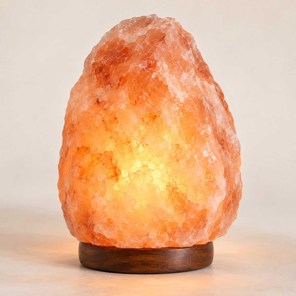 Original AI-generated mockup of a glowing pink salt lamp on a wood base