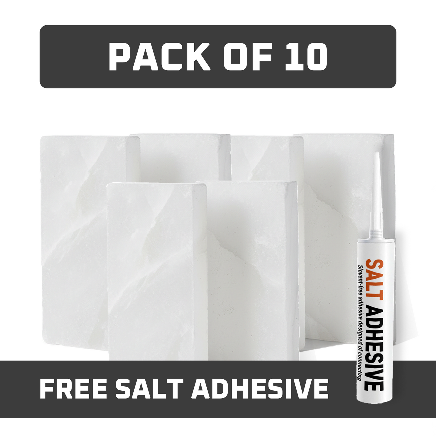 Himalayan White Salt Tiles 8" x 4" x 1" – Pack of 10 With Salt Adhesive