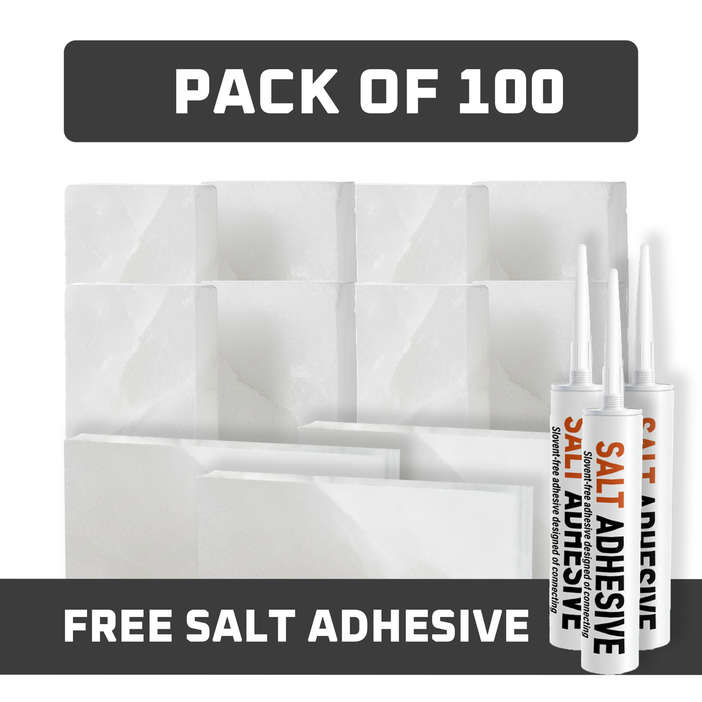Himalayan White Salt Tiles 8" x 4" x 1" – Pack of 100 With 3 Salt Adhesive