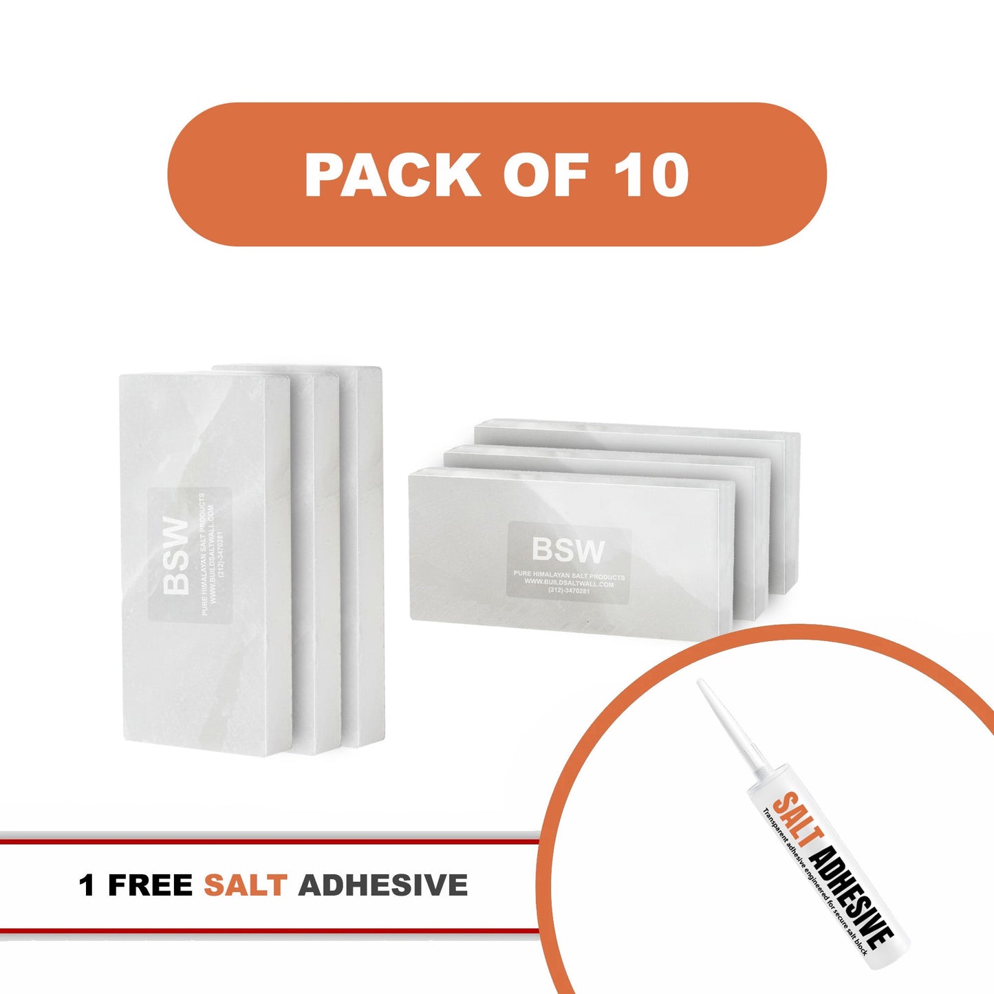 Himalayan White Salt Tiles 8" x 4" x 1" – Pack of 10 With Salt Adhesive