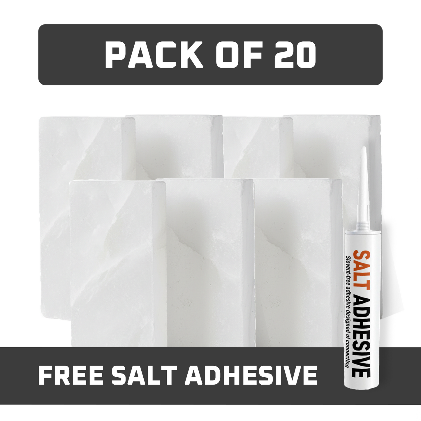 Himalayan White Salt Tiles 8" x 4" x 1" – Pack of 20 With Salt Adhesive