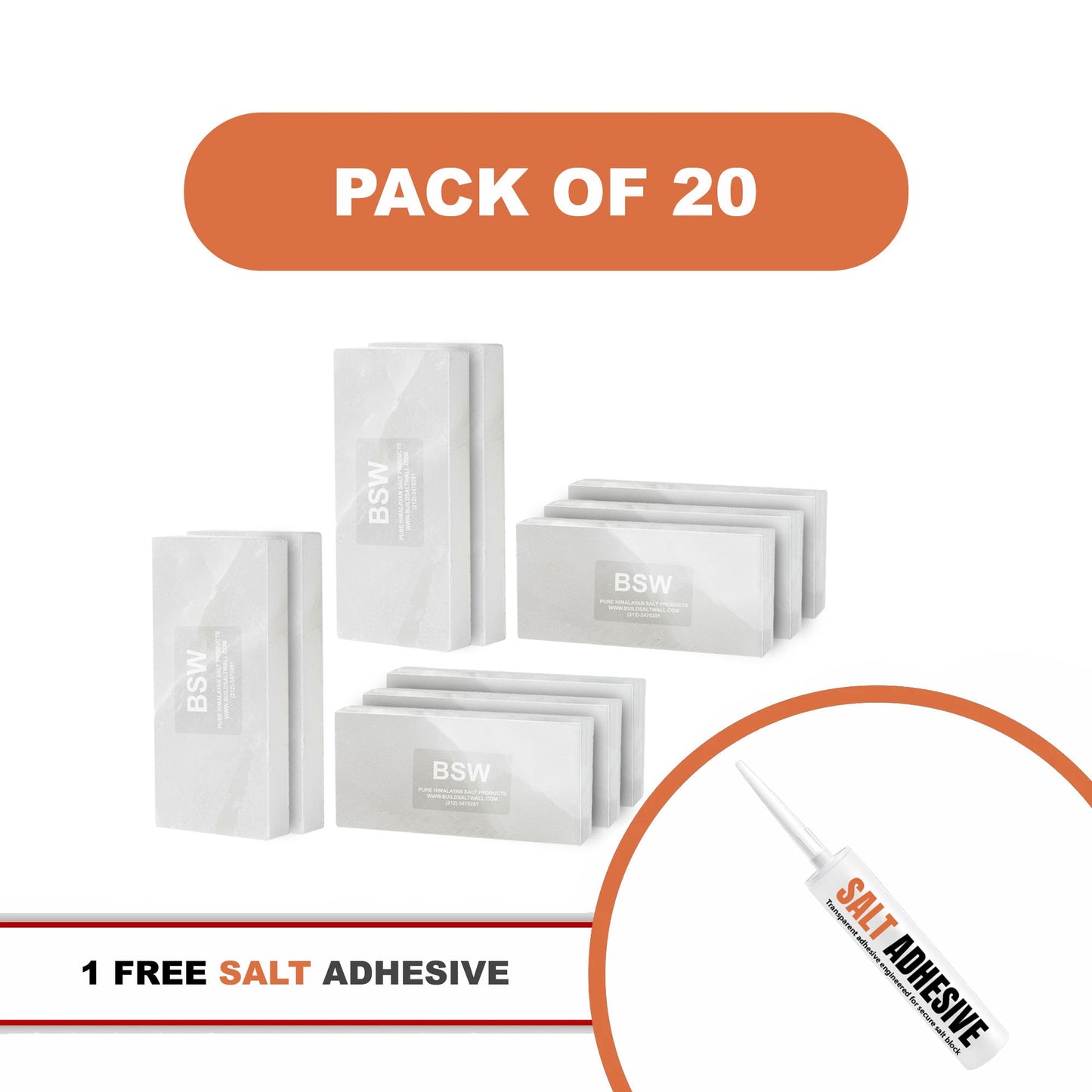 Himalayan White Salt Tiles 8" x 4" x 1" – Pack of 20 With Salt Adhesive