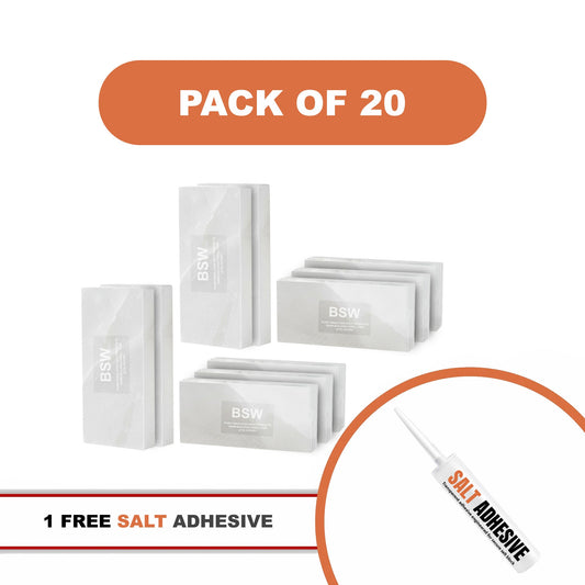 Himalayan White Salt Tiles 8" x 4" x 1" – Pack of 20 With Salt Adhesive