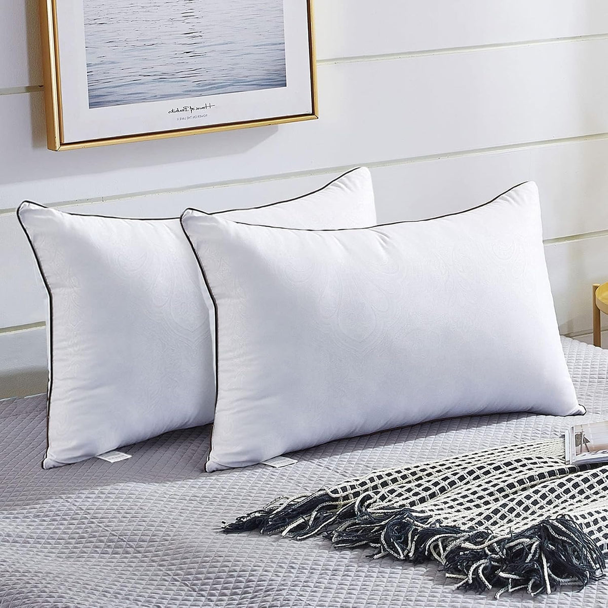 Set of two white pillows with dark piping